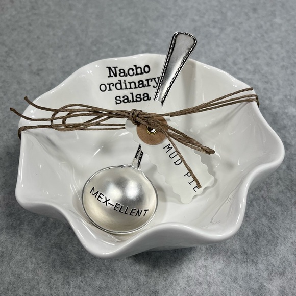 Mud Pie Nacho Ordinary Salsa Dish Embossed Spoon Set Serve‎ Ware White Ceramic - Picture 3 of 9